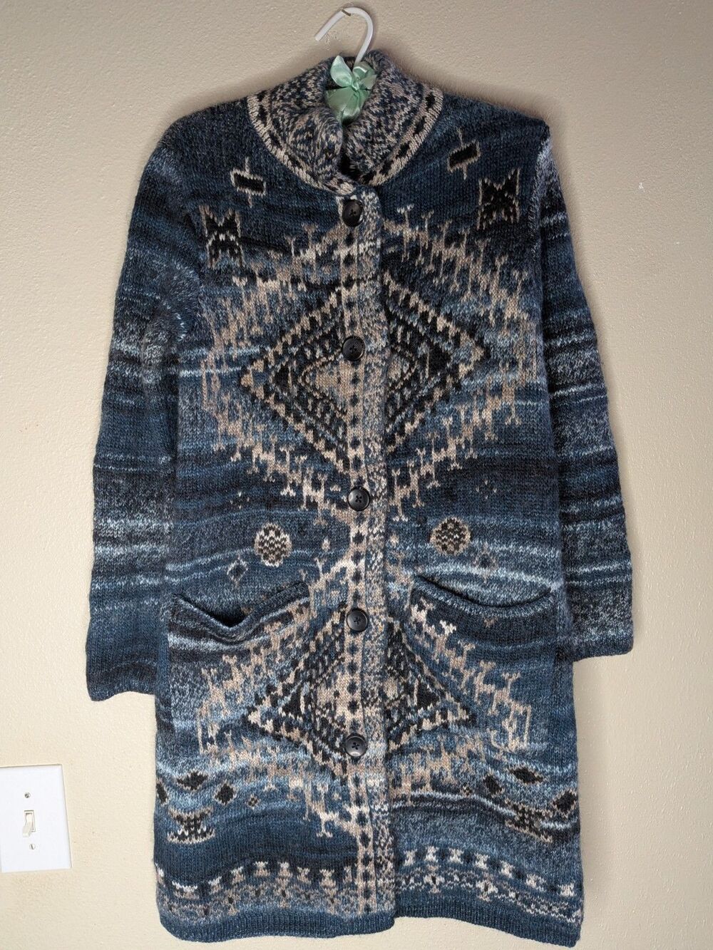 J.Jill XS Long Cardigan Sweater Blue Fair Isle Southwestern Wool Blend Coatigan